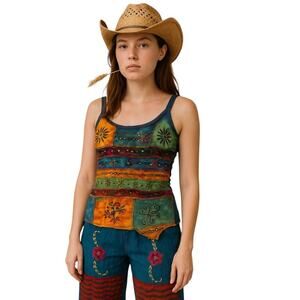 KPC 100% Cotton Embroidered 90's Y2K Patchwork Cami, Boho Hippie Free Spirit, L